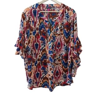 Vince Camuto Ikat Ruffle Sleeve Jewel Tones Blouse